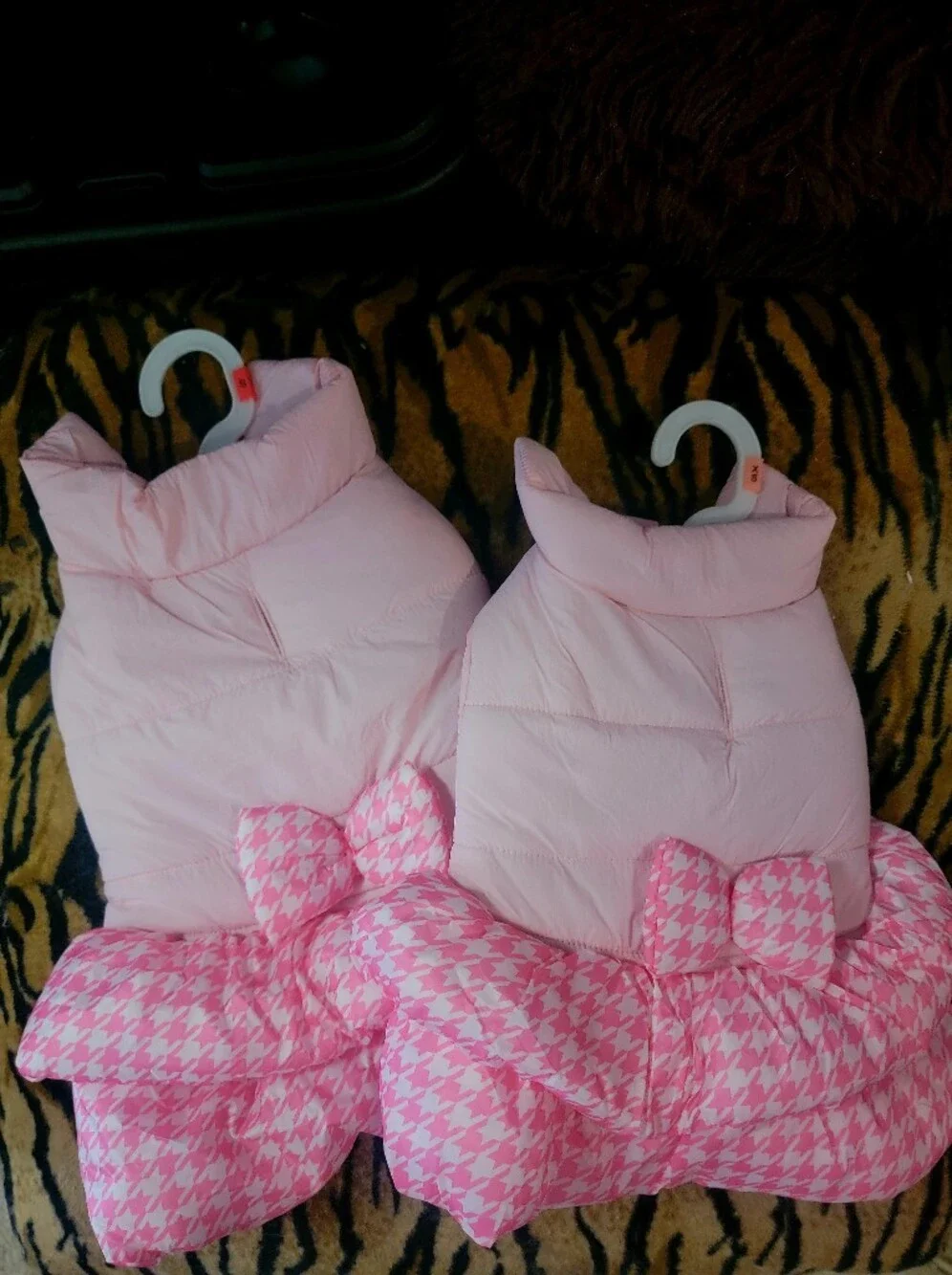 Pet Coat Puffer Dog Or Cat Pink Houndstooth W Bow Winter Wear Xs Or Sm Ea.